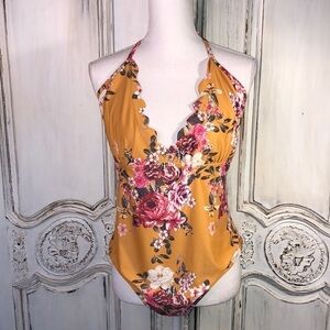 ZAFUL Mustard Floral Scalloped Neck One Piece Swimsuit Size 18